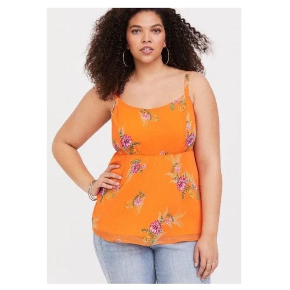 Torrid Golden Orange Floral Chiffon Babydoll Cami Plus Size 2 Top‎ Shirt